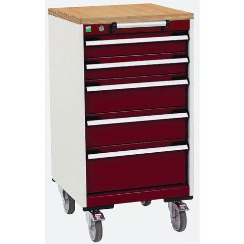 Mobilní zásuvková skříň Bott Cubio, 99 x 52,5 x 52,5 cm, 5 zásuvek, multiplex, šedá-červená