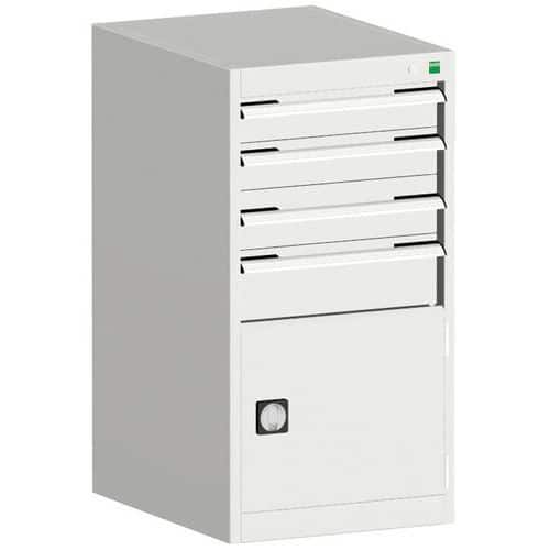 Dílenská zásuvková skříň Bott Cubio, 100 x 52,5 x 52,5 cm, 4 zásuvky, 1 skříňka, šedá-šedá