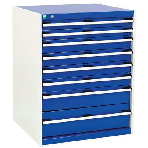 Dílenská zásuvková skříň Bott Cubio, 100 x 80 x 75 cm, 8 zásuvek, šedá-modrá