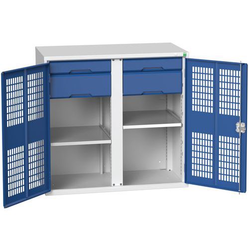Kovová skříň pro údržbu Bott Verso, drátěné dveře, 100 x 105 x 55 cm, 2 police, 4 zásuvky, šedá-modrá