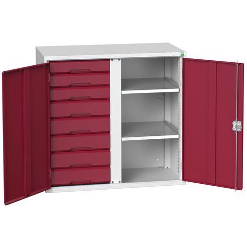 Kovová skříň pro údržbu Bott Verso, 100 x 105 x 55 cm, 2 police, 8 zásuvek, šedá-červená