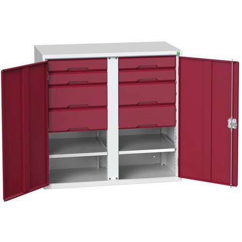 Kovová skříň pro údržbu Bott Verso, 100 x 105 x 55 cm, 2 police, 8 zásuvek, šedá-červená