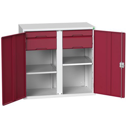 Kovová skříň pro údržbu Bott Verso, 100 x 105 x 55 cm, 2 police, 4 zásuvky, šedá-červená
