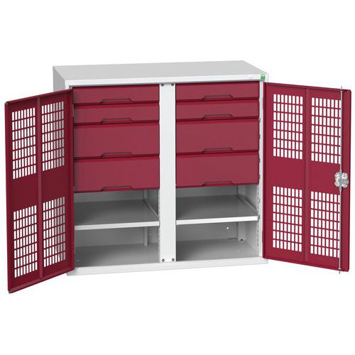 Kovová skříň pro údržbu Bott Verso, drátěné dveře, 100 x 105 x 55 cm, 2 police, 8 zásuvek, šedá-červená