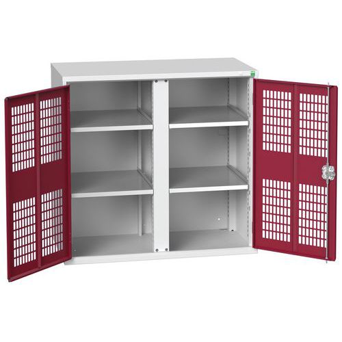 Kovová skříň pro údržbu Bott Verso, drátěné dveře, 100 x 105 x 55 cm, 4 police, šedá-červená