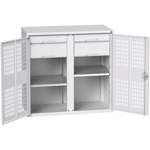 Kovová skříň pro údržbu Bott Verso, drátěné dveře, 100 x 105 x 55 cm, 2 police, 4 zásuvky, šedá-šedá