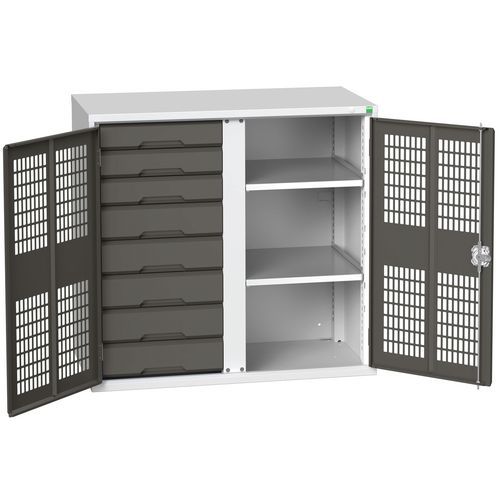 Kovová skříň pro údržbu Bott Verso, drátěné dveře, 100 x 105 x 55 cm, 2 police, 8 zásuvek, šedá-antracit