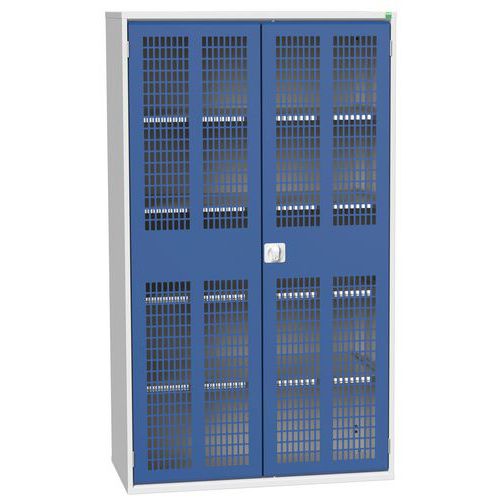 Dílenská skříň policová Bott Verso, drátěné dveře, 4 police, 200 x 130 x 55 cm, šedá-modrá