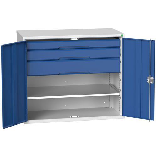 Dílenská skříň se zásuvkami Bott Verso, 100 x 130 x 55 cm, 1 police, 3 zásuvky, šedá-modrá