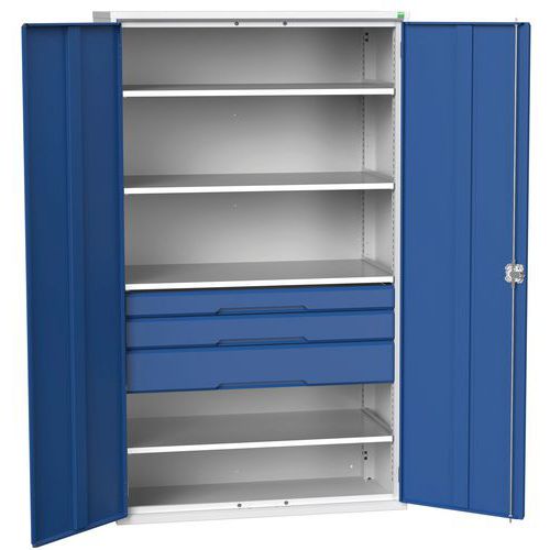 Dílenská skříň se zásuvkami Bott Verso, 200 x 130 x 55 cm, 4 police, 3 zásuvky, šedá-modrá