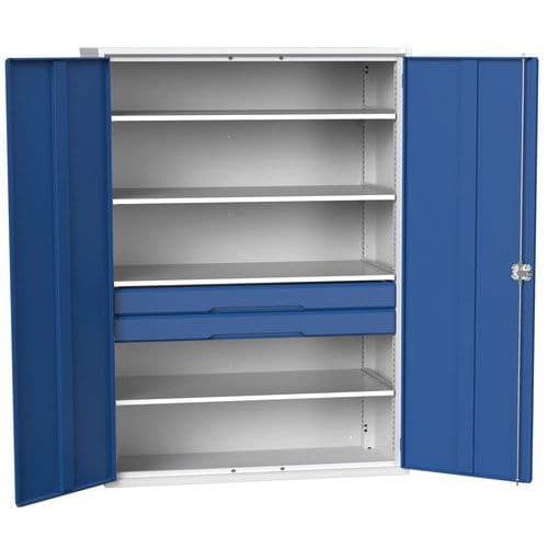Dílenská skříň se zásuvkami Bott Verso, 200 x 130 x 55 cm, 4 police, 2 zásuvky, šedá-modrá