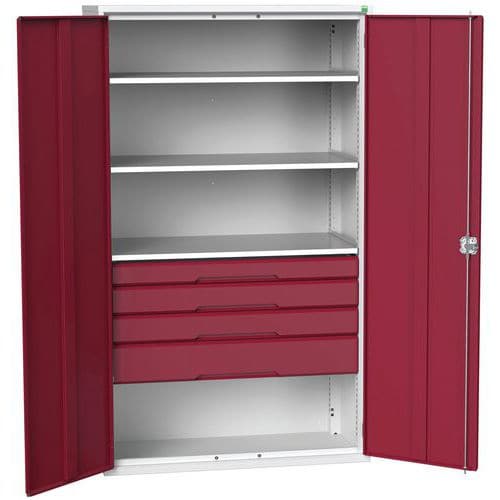 Dílenská skříň se zásuvkami Bott Verso, 200 x 130 x 55 cm, 3 police, 4 zásuvky, šedá-červená