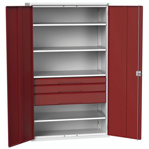 Dílenská skříň se zásuvkami Bott Verso, 200 x 130 x 55 cm, 4 police, 3 zásuvky, šedá-červená