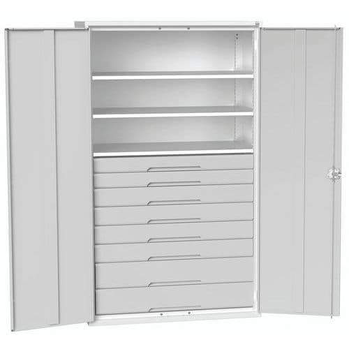 Dílenská skříň se zásuvkami Bott Verso, 200 x 130 x 55 cm, 3 police, 8 zásuvky, šedá-šedá