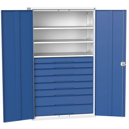 Dílenská skříň se zásuvkami Bott Verso, 200 x 130 x 55 cm, 3 police, 8 zásuvky, šedá-modrá