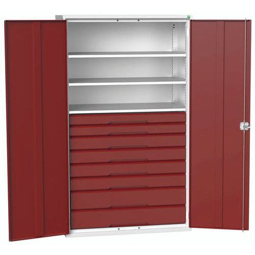 Dílenská skříň se zásuvkami Bott Verso, 200 x 130 x 55 cm, 3 police, 8 zásuvky, šedá-červená