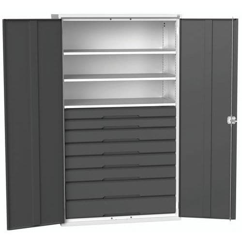 Dílenská skříň se zásuvkami Bott Verso, 200 x 130 x 55 cm, 3 police, 8 zásuvky, šedá-antracit