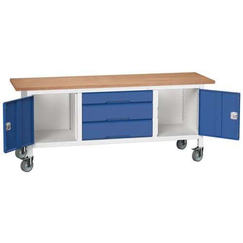Mobilní dílenský stůl Bott Verso Storage, 200 x 60 x 83 cm, multiplex, 3 zásuvky, 2 skříňky, šedá-modrá