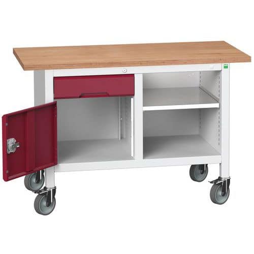 Mobilní dílenský stůl Bott Verso Storage, 125 x 60 x 83 cm, multiplex, 1 zásuvka, 1 skříňka, 1 police, šedá-červená