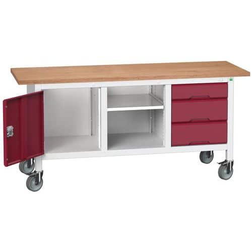 Mobilní dílenský stůl Bott Verso Storage, 175 x 60 x 83 cm, multiplex, 3 zásuvky, 1 police, 1 skříňka, šedá-červená