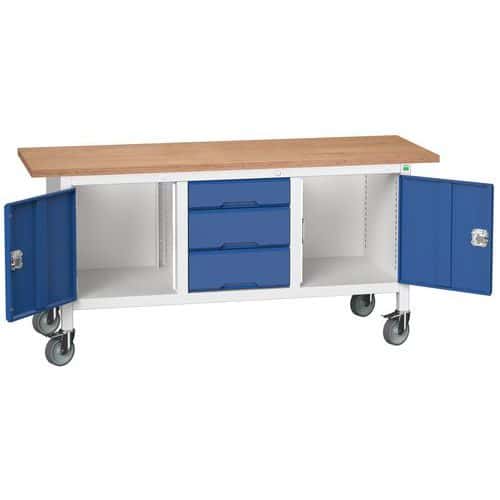 Mobilní dílenský stůl Bott Verso Storage, 175 x 60 x 83 cm, multiplex, 3 zásuvky, 2 skříňky, šedá-modrá