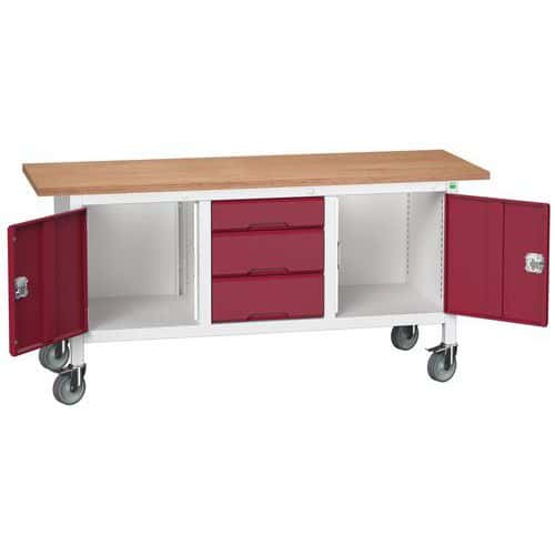 Mobilní dílenský stůl Bott Verso Storage, 175 x 60 x 83 cm, multiplex, 3 zásuvky, 2 skříňky, šedá-červená