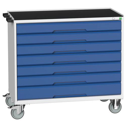 Mobilní pracovní stůl se zásuvkami Bott Verso, 96,5 x 105 x 55 cm, 7 zásuvek, rohož, šedá-modrá