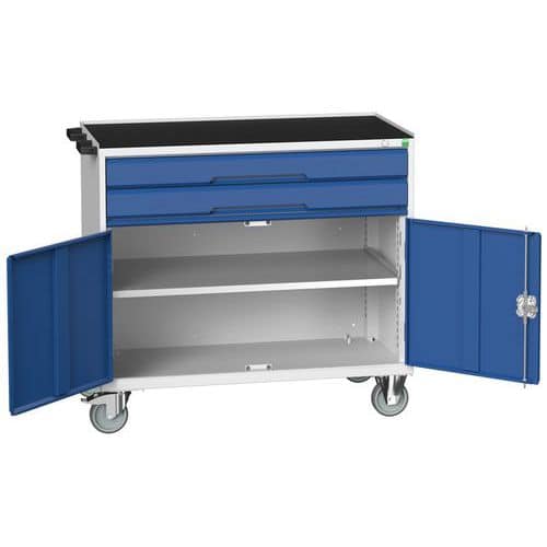 Mobilní pracovní stůl se zásuvkami Bott Verso, 96,5 x 105 x 55 cm, 2 zásuvky, skříňka, rohož, šedá-modrá
