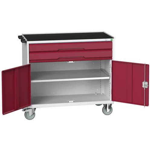 Mobilní pracovní stůl se zásuvkami Bott Verso, 96,5 x 105 x 55 cm, 2 zásuvky, skříňka, rohož, šedá-červená