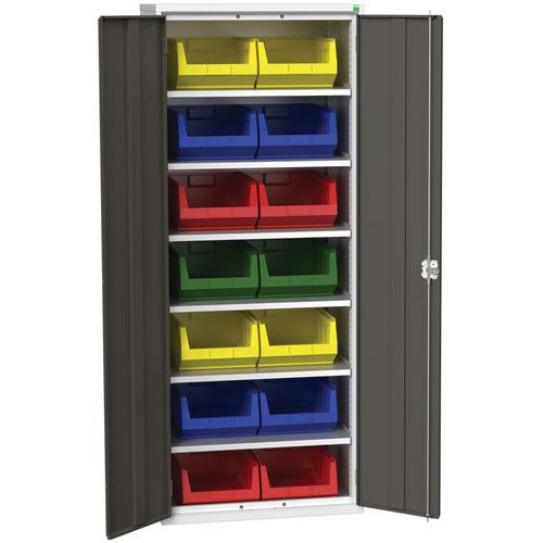 Skříň Bott Verso s boxy, 200 x 80 x 55 cm, 6 polic, 14 boxů, šedá-antracit