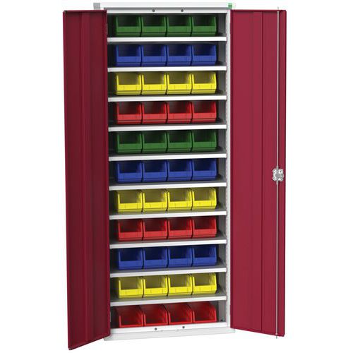 Skříň Bott Verso s boxy, 200 x 80 x 35 cm, 10 polic, 44 boxů, šedá-červená