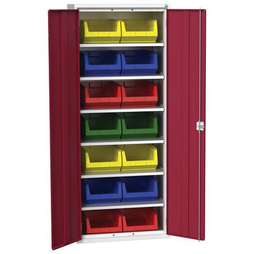 Skříň Bott Verso s boxy, 200 x 80 x 55 cm, 6 polic, 14 boxů, šedá-červená