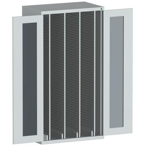 Dílenská skříň Bott Cubio s výsuvnými perfopanely, 200 x 105 x 65 cm, průhledné dveře, šedá-šedá