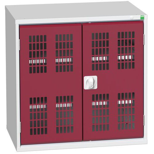 Dílenská skříň policová Bott Verso, drátěné dveře, 80 x 80 x 55 cm, 2 police, šedá-červená