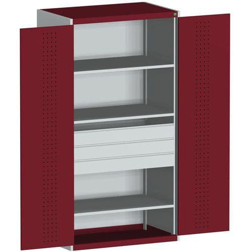 Dílenská skříň se zásuvkami Bott Cubio, 200 x 105 x 65 cm, 3 police, 3 zásuvky, šedá-červená