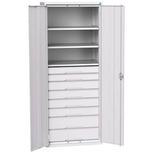 Dílenská skříň se zásuvkami Bott Verso, 200 x 80 x 55 cm, 3 police, 8 zásuvky, šedá-šedá