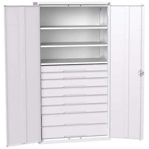 Dílenská skříň se zásuvkami Bott Verso, 200 x 105 x 55 cm, 3 police, 8 zásuvek, šedá-šedá