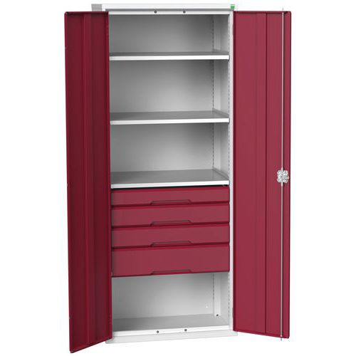 Dílenská skříň se zásuvkami Bott Verso, 200 x 80 x 55 cm, 3 police, 4 zásuvky, šedá-červená