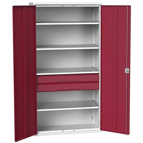 Dílenská skříň se zásuvkami Bott Verso, 200 x 105 x 55 cm, 4 police, 2 zásuvky, šedá-červená