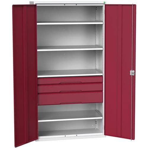 Dílenská skříň se zásuvkami Bott Verso, 200 x 105 x 55 cm, 4 police, 3 zásuvky, šedá-červená