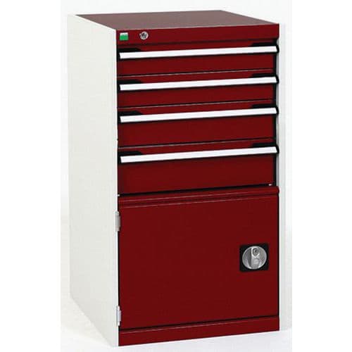 Dílenská zásuvková skříň Bott Cubio, 100 x 52,5 x 65 cm, 4 zásuvky, 1 skříňka, šedá-červená