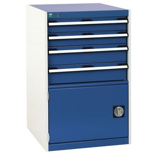 Dílenská zásuvková skříň Bott Cubio, 100 x 65 x 52,5 cm, 4 zásuvky, 1 skříňka, šedá-modrá