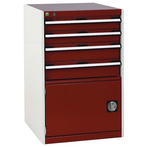 Dílenská zásuvková skříň Bott Cubio, 100 x 65 x 52,5 cm, 4 zásuvky, 1 skříňka, šedá-červená