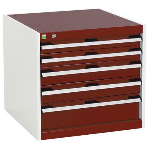 Dílenská zásuvková skříň Bott Cubio, 60 x 65 x 52,5 cm, 5 zásuvek, šedá-červená