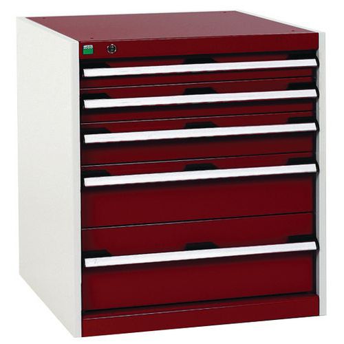 Dílenská zásuvková skříň Bott Cubio, 70 x 65 x 65 cm, 5 zásuvek, šedá-červená