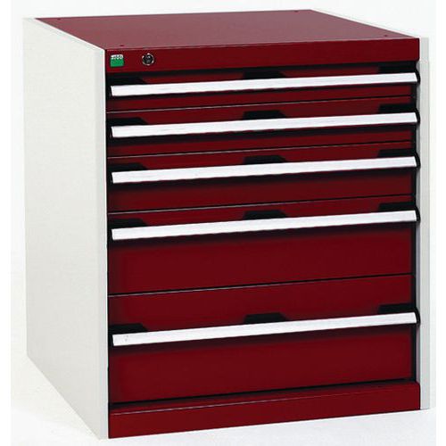 Dílenská zásuvková skříň Bott Cubio, 70 x 65 x 75 cm, 5 zásuvek, šedá-červená