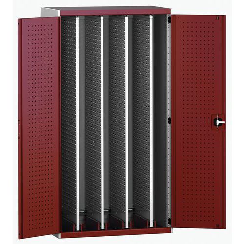 Dílenská skříň Bott Cubio s výsuvnými perfopanely, 200 x 105 x 65 cm, plné dveře, šedá-červená
