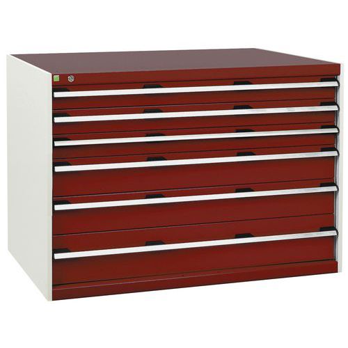 Dílenská zásuvková skříň Bott Cubio, 90 x 130 x 75 cm, 6 zásuvek, šedá-červená