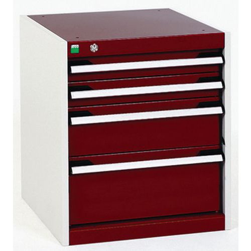 Dílenská zásuvková skříň Bott Cubio, 60 x 52,5 x 65 cm, 4 zásuvky, šedá-červená