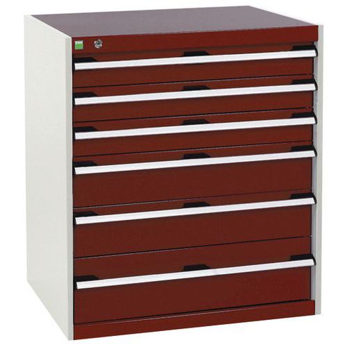 Dílenská zásuvková skříň Bott Cubio, 90 x 80 x 52,5 cm, 6 zásuvek, šedá-červená